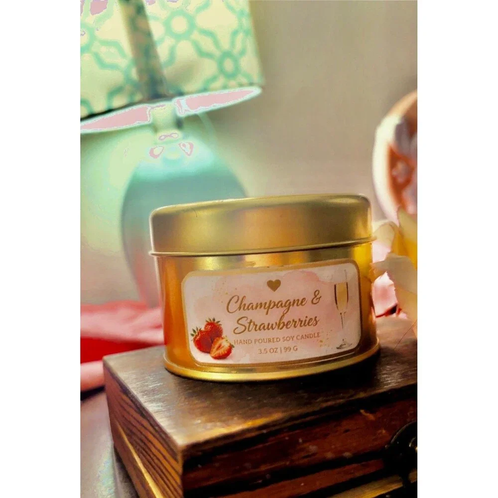 Beautiful Handmade Soy Candle Strawberry & Champagne Scented In Gold Tin Glitter